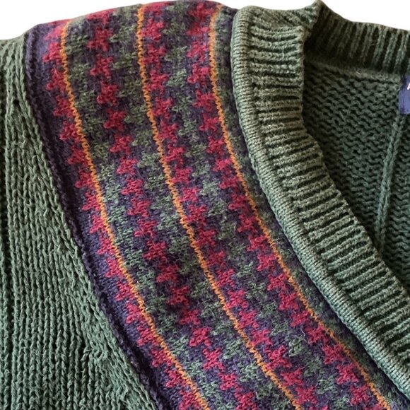 Vintage American Weekend Unisex Green V-Neck Cotton Knit Sweater XL - Picture 4 of 7